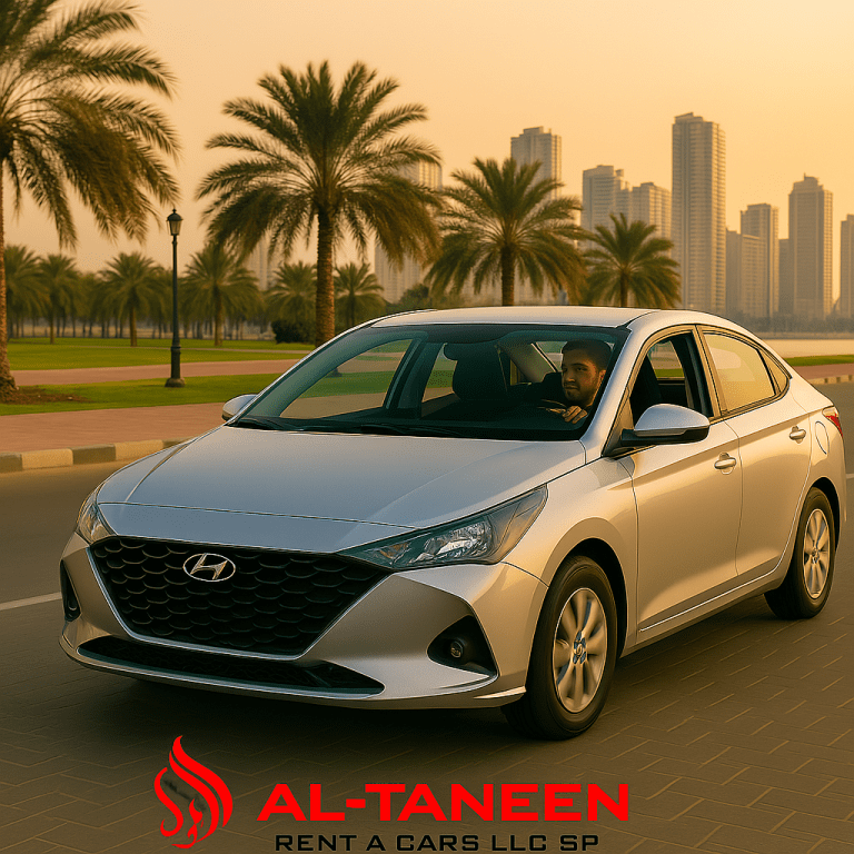 Driving Hyundai Accent rental car in Al Majaz Sharjah