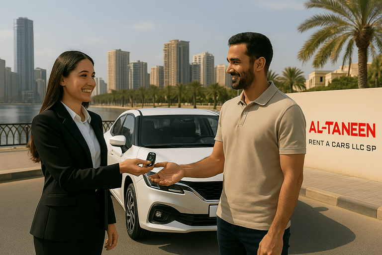 Customer renting Suzuki Baleno from Taneen Rent A Car in Al Majaz