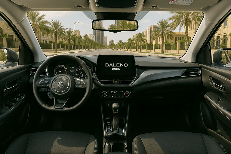 Modern interior and dashboard of Suzuki Baleno 2025
