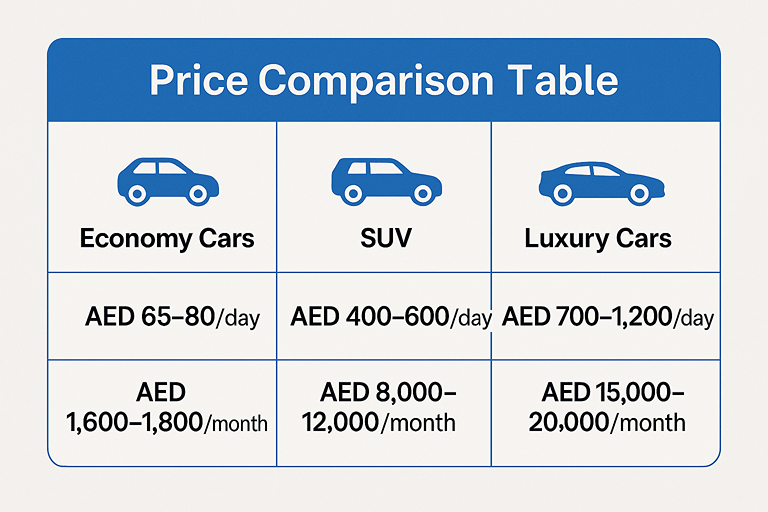 Sharjah Airport car rental prices for economy, SUV, and luxury vehicles