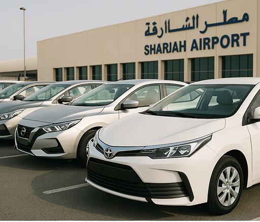 Rental cars lineup available at Sharjah Airport for tourists and residents