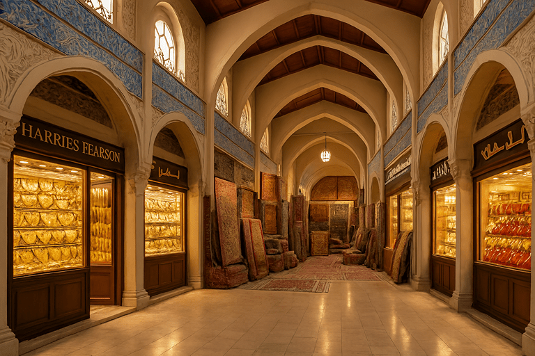 Inside Blue Souk traditional market with gold jewelry and carpets in Sharjah