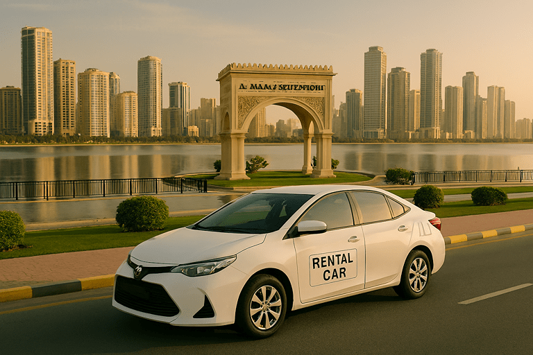 Rental car driving past Al Majaz Waterfront Sharjah