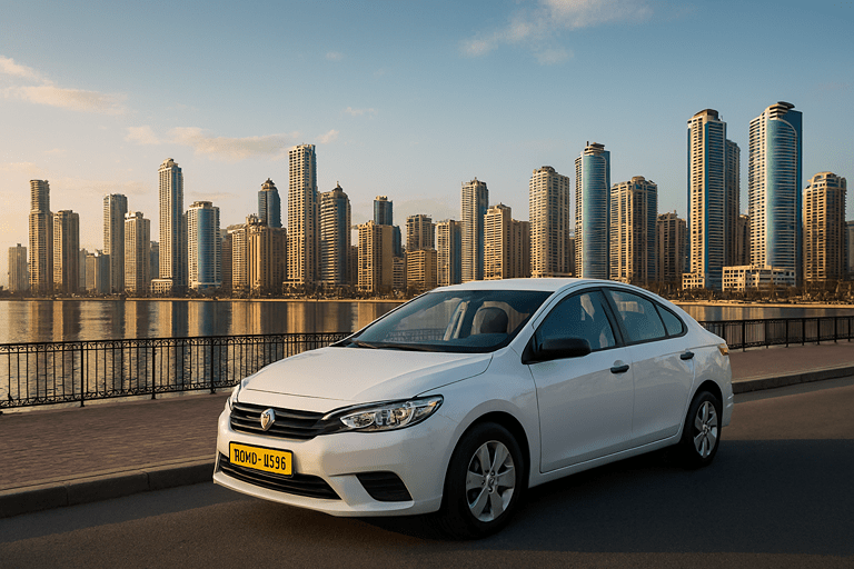 Rental car in Sharjah with Al Majaz waterfront view