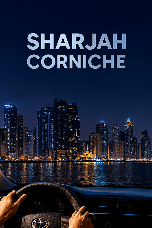 Sharjah city skyline view from rental car drive