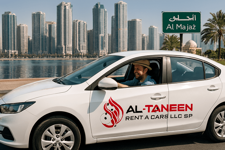 Car for rent in Sharjah for tourists driving near Al Majaz waterfront