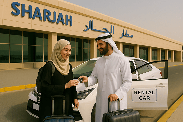 Tourists collecting rental car at Sharjah Airport with luggage